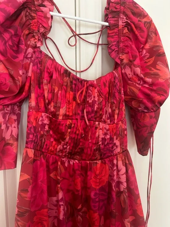 For Love & Lemons Red-Pink Floral Puff-Sleeve Mini Dress - Picture 5 of 7